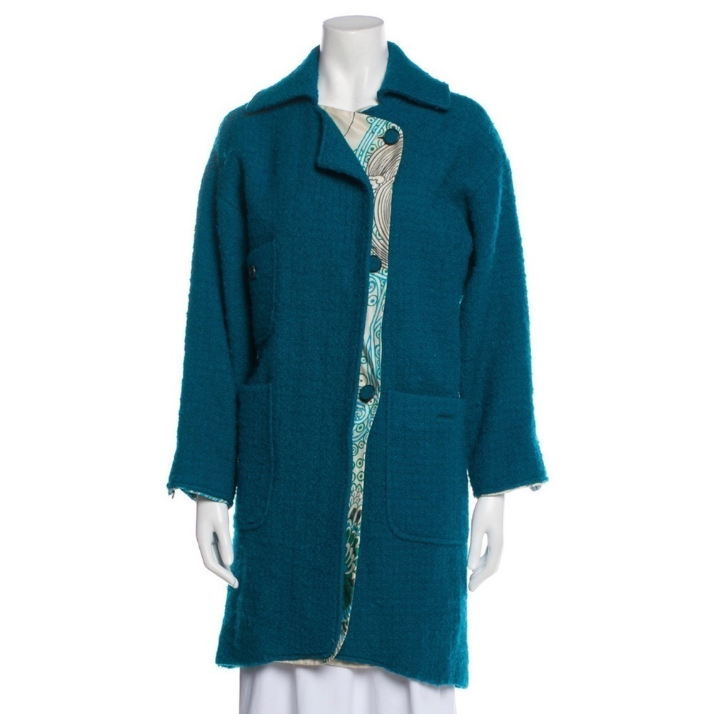 M Missoni Virgin Wool Mohair Pattern Trim Blue Knee Length Over Coat Size US 6